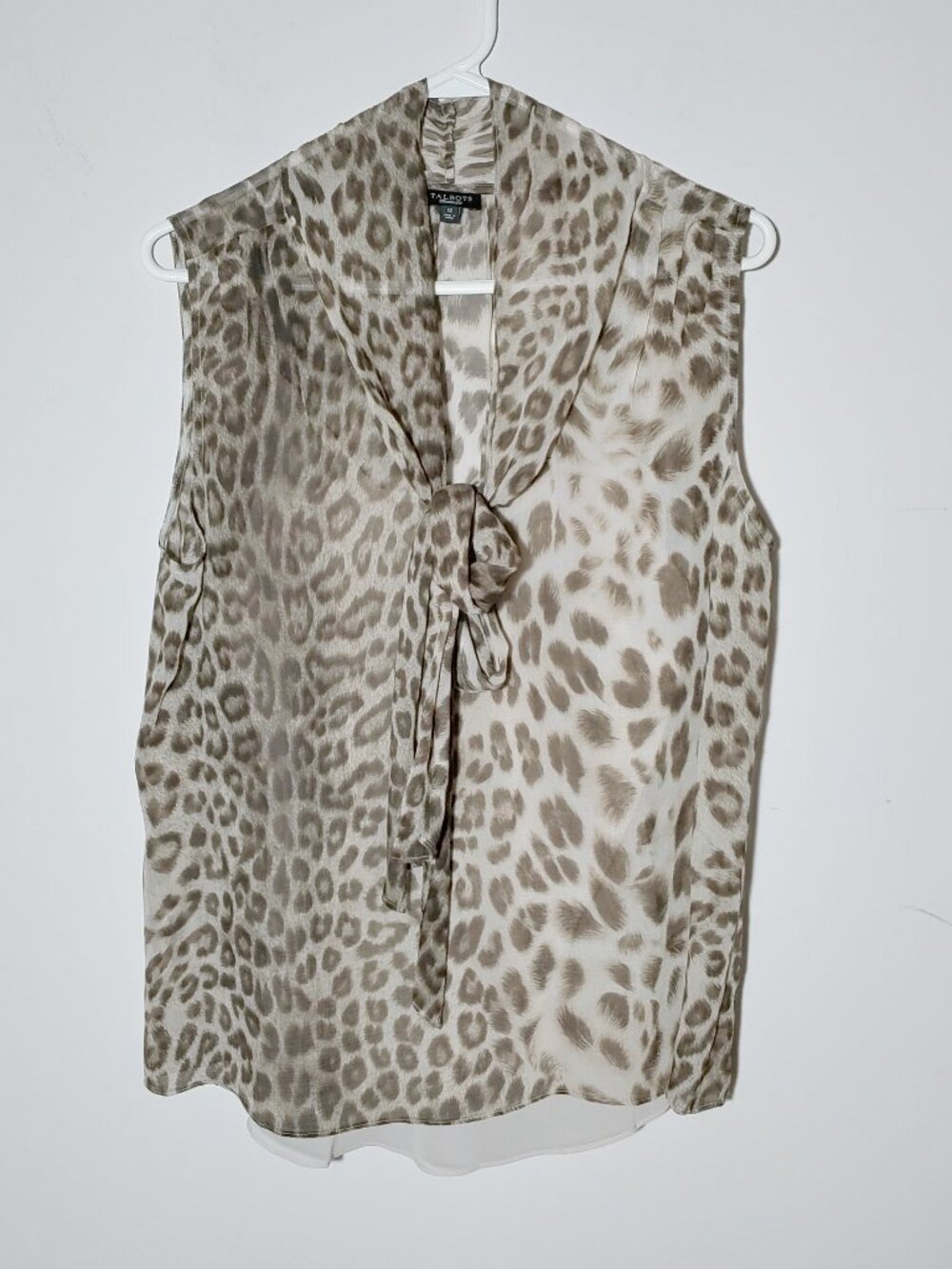 Talbots 100% Silk Sleeveless Tie Up Animal Print Blouse Size 12 Tan Brown